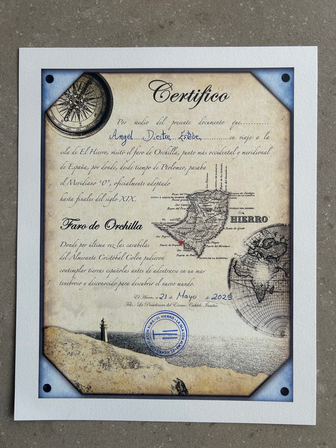 Diploma del paso por el faro de Orchilla en El Hierro